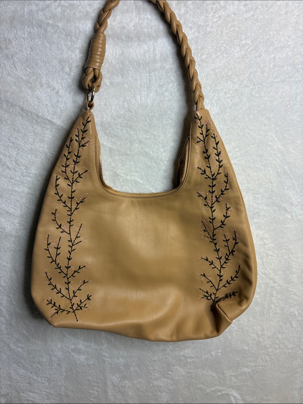 Coldwater Creek Tan Hobo Bag with Black Vine Embroidery
